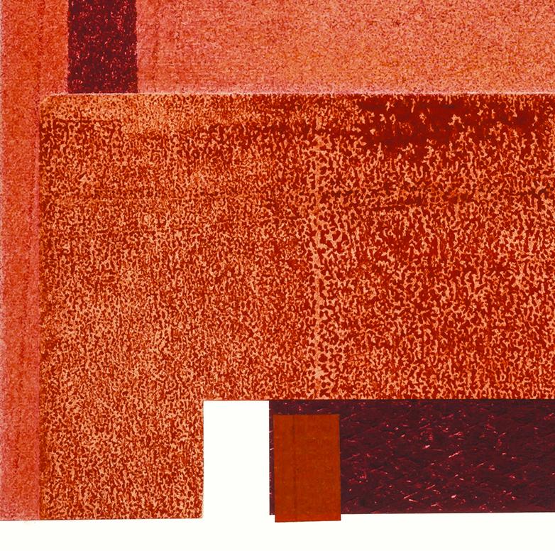 Factory X : collage architectural urbain moderniste sur monoimpression en rouge, encadré - Art de Agathe Bouton
