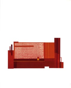 Factory XI : collage d'architecture urbaine moderniste sur monoimpression en rouge, encadré