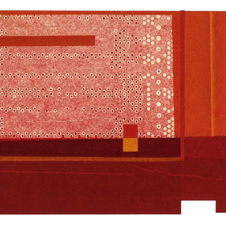 Factory XI: modernist urban architectural collage on monoprint in red, framed - Print by Agathe Bouton