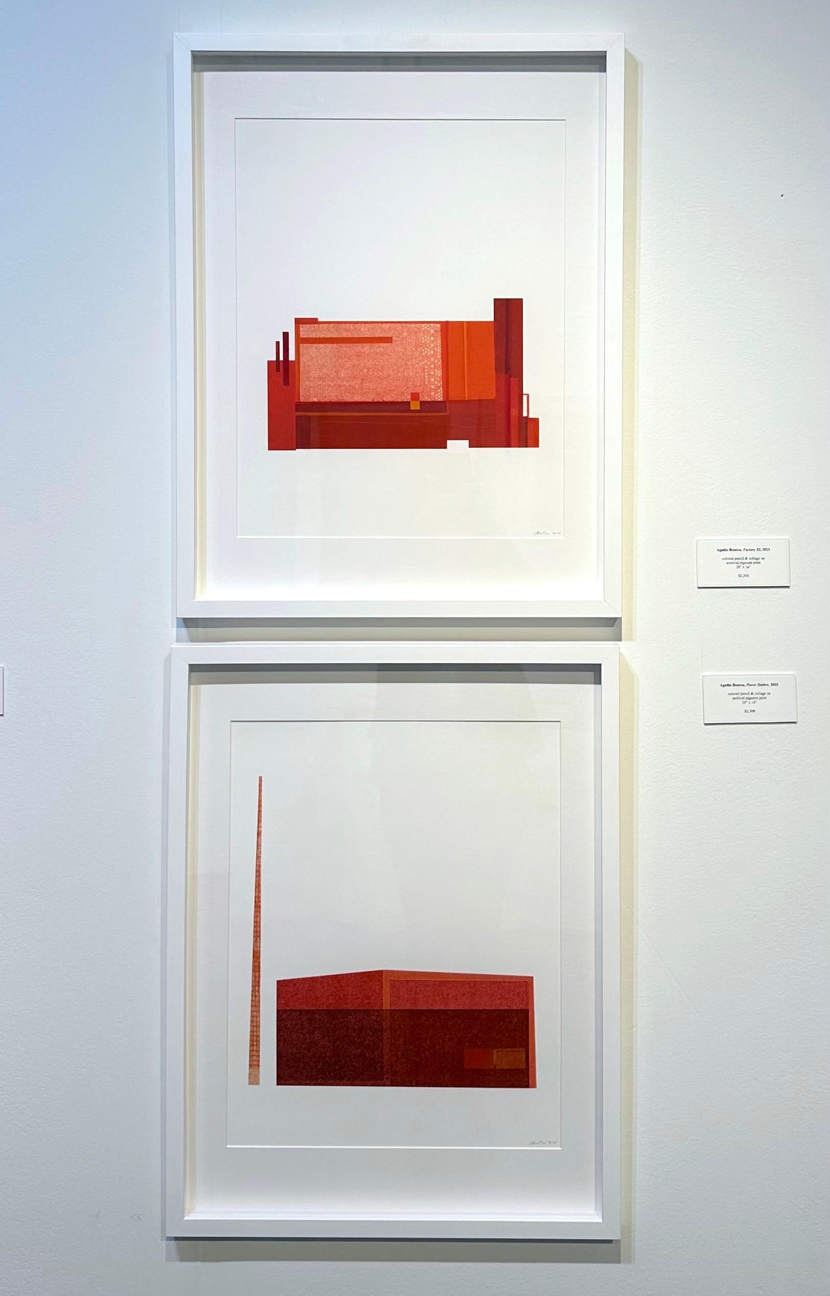 Factory XI: modernist urban architectural collage on monoprint in red, framed - Contemporary Print by Agathe Bouton