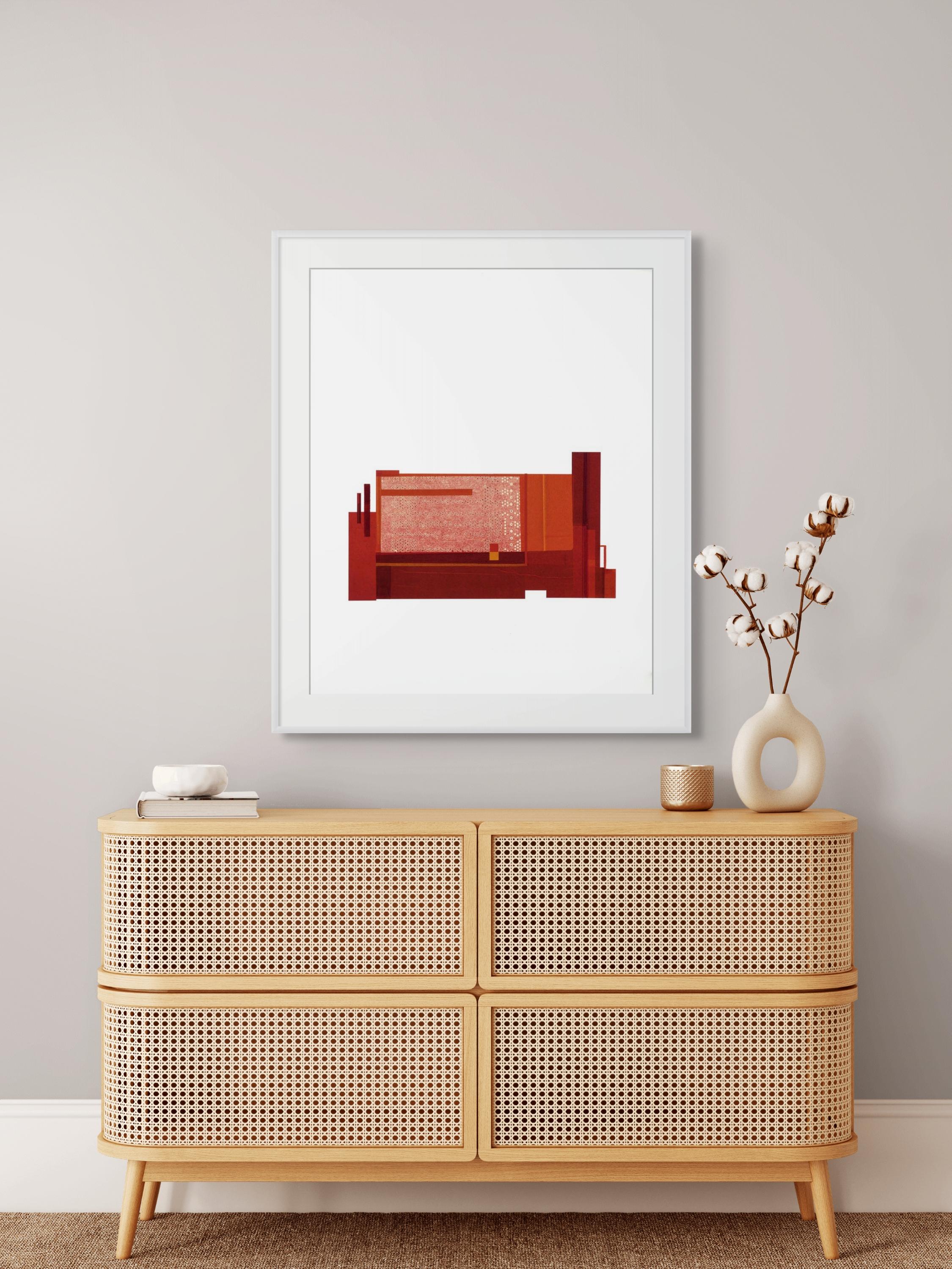 Fábrica XI: collage de arquitectura urbana modernista sobre monocopia en rojo, enmarcado - Print de Agathe Bouton