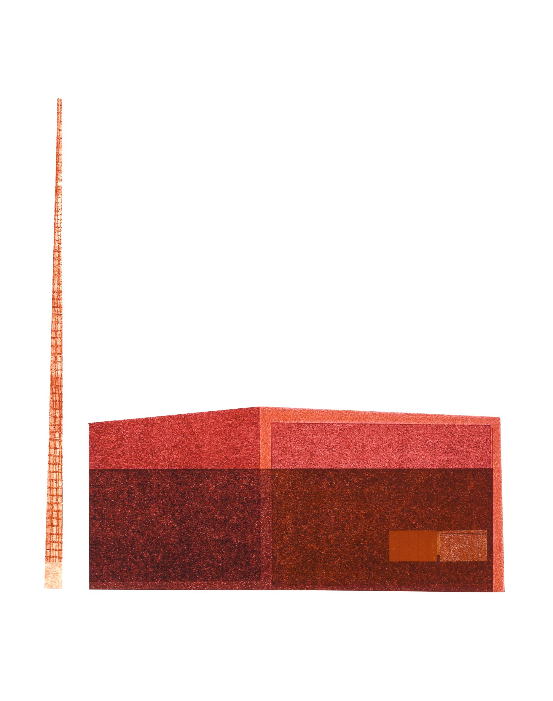Abstract Print Agathe Bouton - Power Station : collage d'architecture urbaine moderniste sur monoimpression en rouge, encadré