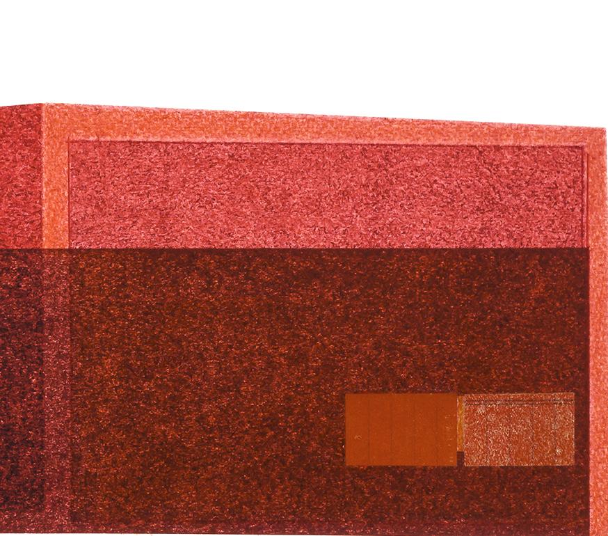 Power Station: collage di architettura urbana modernista su monoprint in rosso, incorniciato - Print Contemporaneo di Agathe Bouton