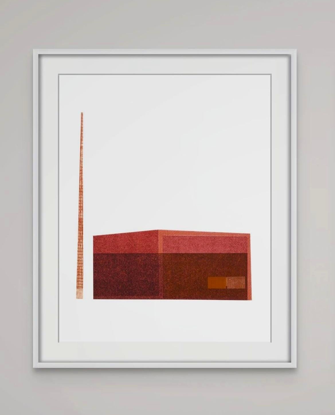 Power Station: modernist urban architectural collage on monoprint in red, framed - Print by Agathe Bouton