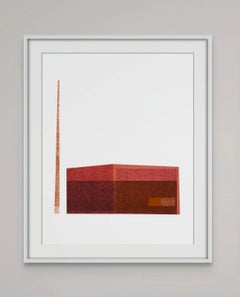 Power Station: modernist urban architectural collage on monoprint in red, framed