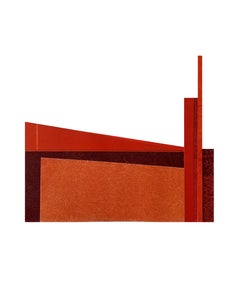 Fabrik XII: Collage aus modernistischer Stadtarchitektur auf rotem Monodruck, ungerahmt