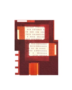 Factory XIII: modernist urban architectural collage on monoprint, red, unframed