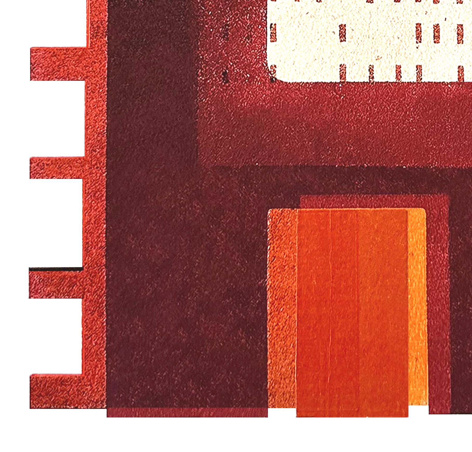 Factory XIII: modernist urban architectural collage on monoprint, red, unframed - Art by Agathe Bouton