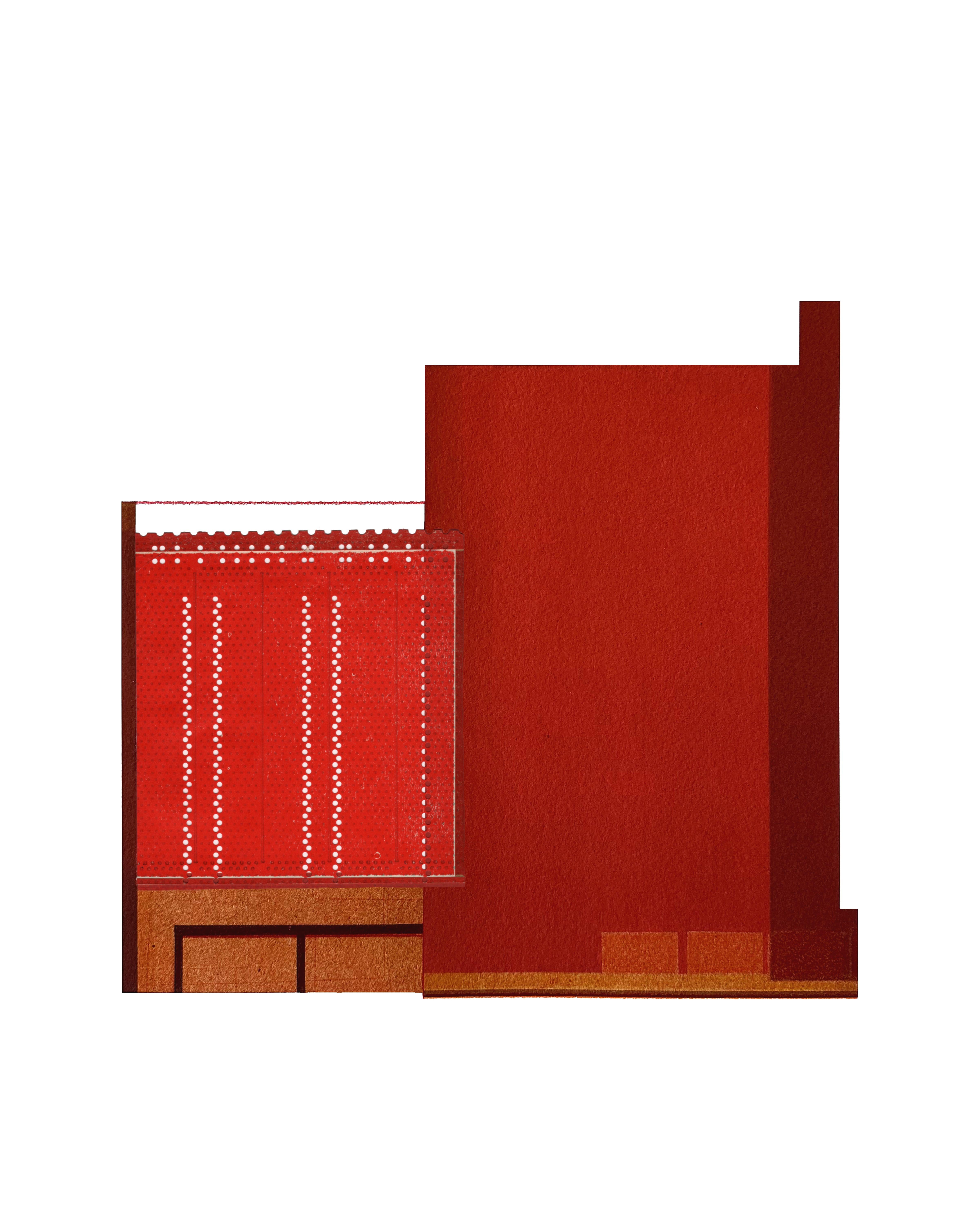 Agathe Bouton Abstract Drawing – Fabrik XIV: Collage aus modernistischer Stadtarchitektur auf rotem Monodruck, ungerahmt
