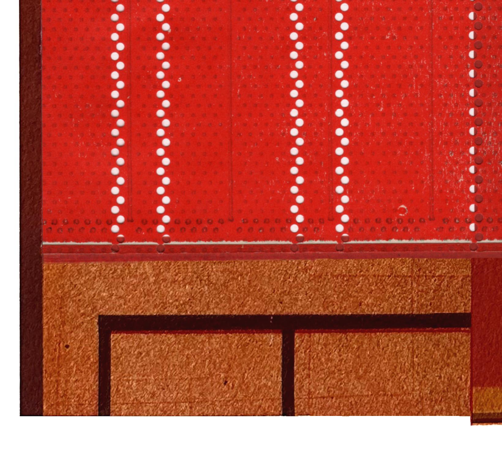 Fabrik XIV: Collage aus modernistischer Stadtarchitektur auf rotem Monodruck, ungerahmt – Art von Agathe Bouton