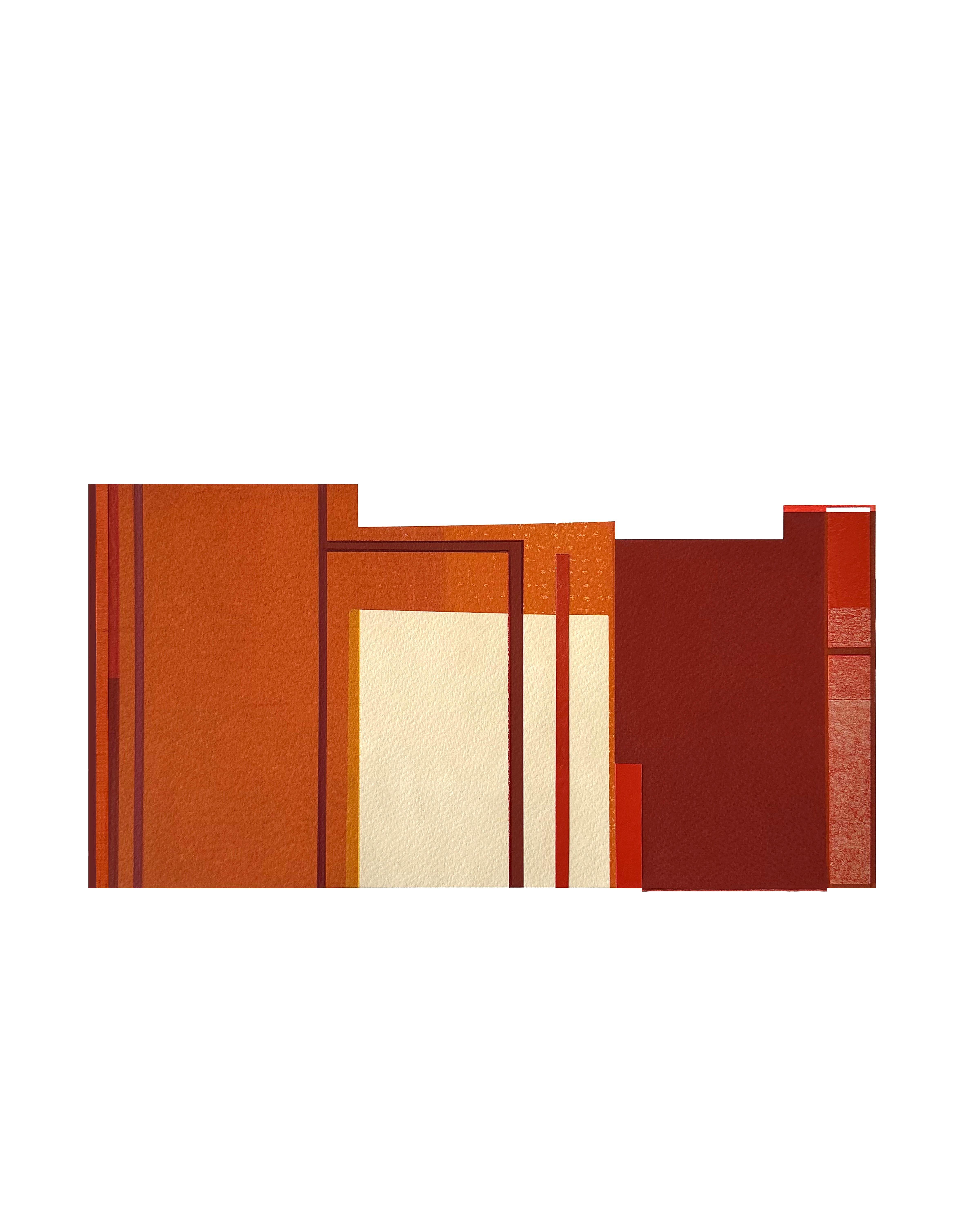 Abstract Print Agathe Bouton - Villa V : collage urbain architectural moderniste sur monogravure, rouge, non encadré