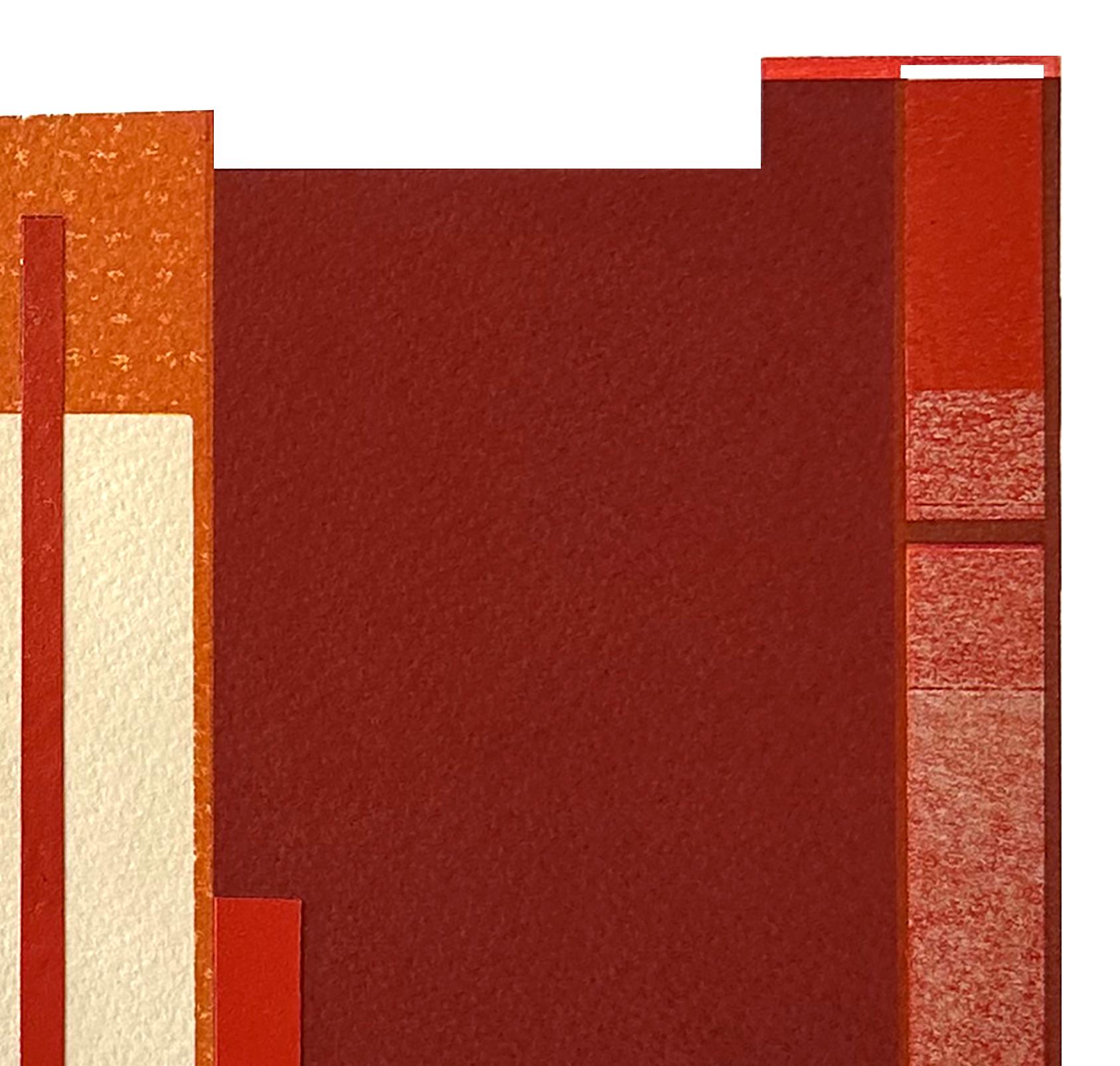 Villa V : collage urbain architectural moderniste sur monogravure, rouge, non encadré - Print de Agathe Bouton