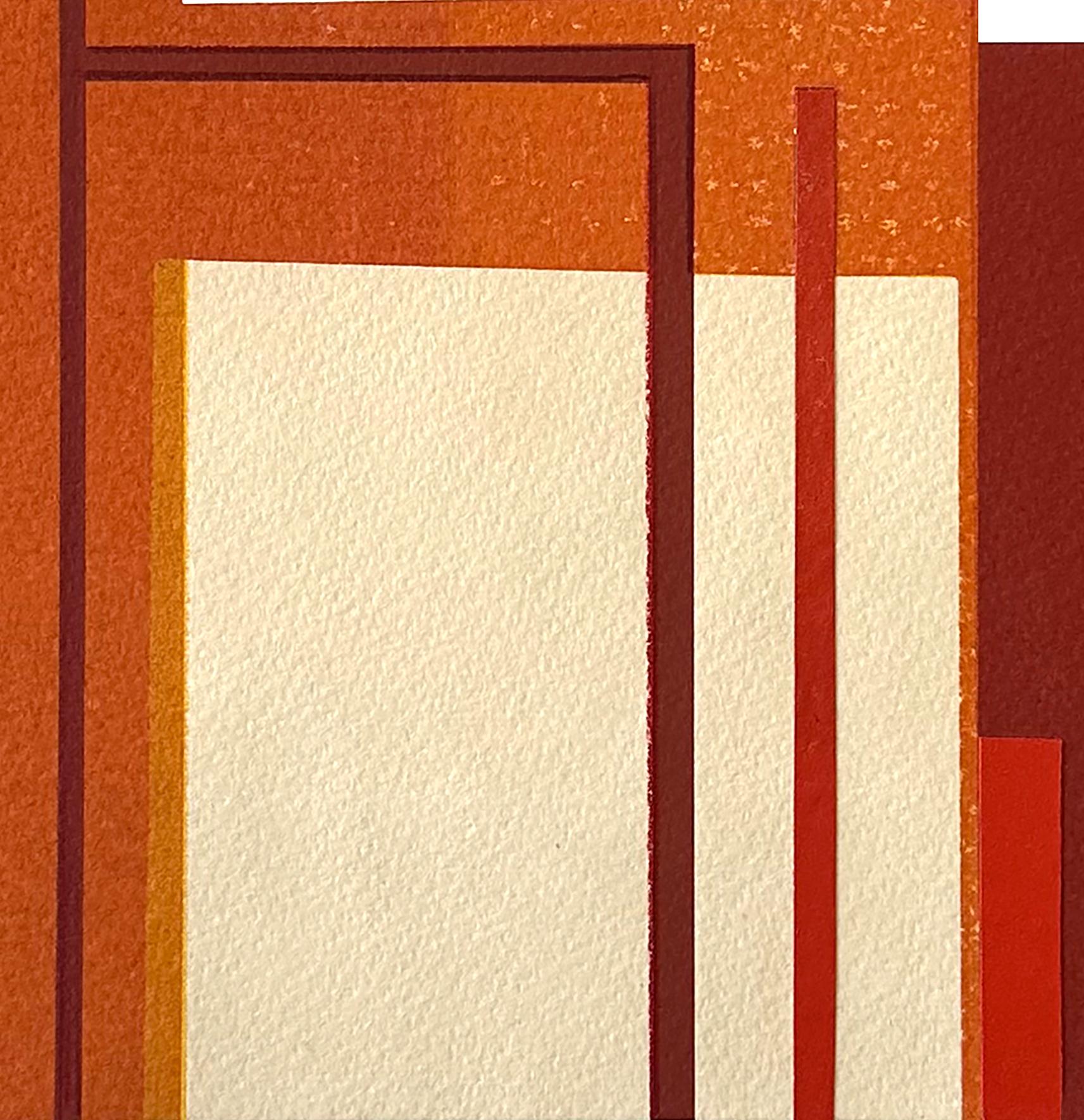 Villa V : collage urbain architectural moderniste sur monogravure, rouge, non encadré - Abstrait Print par Agathe Bouton