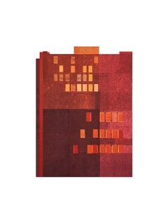 Building IV : collage d'architecture urbaine moderniste sur monogravure en rouge, non encadrée