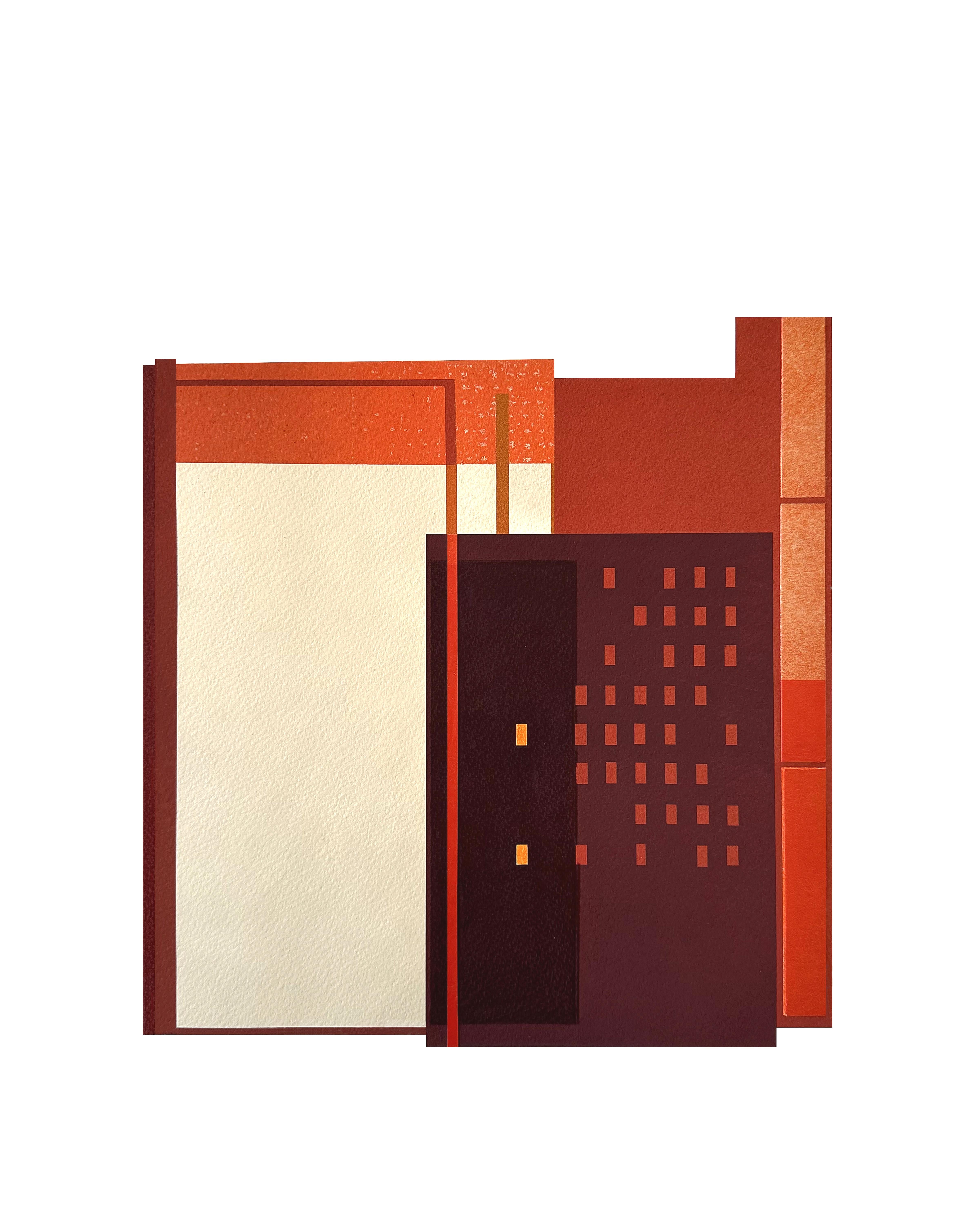 Gebäude V: Collage aus modernistischer Stadtarchitektur auf rotem Monodruck, ungerahmt