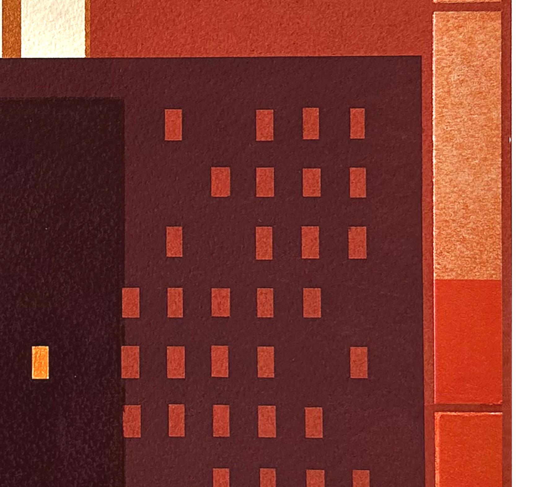 Building V: modernist city architecture collage on monoprint in red, unframed - Abstract Art by Agathe Bouton