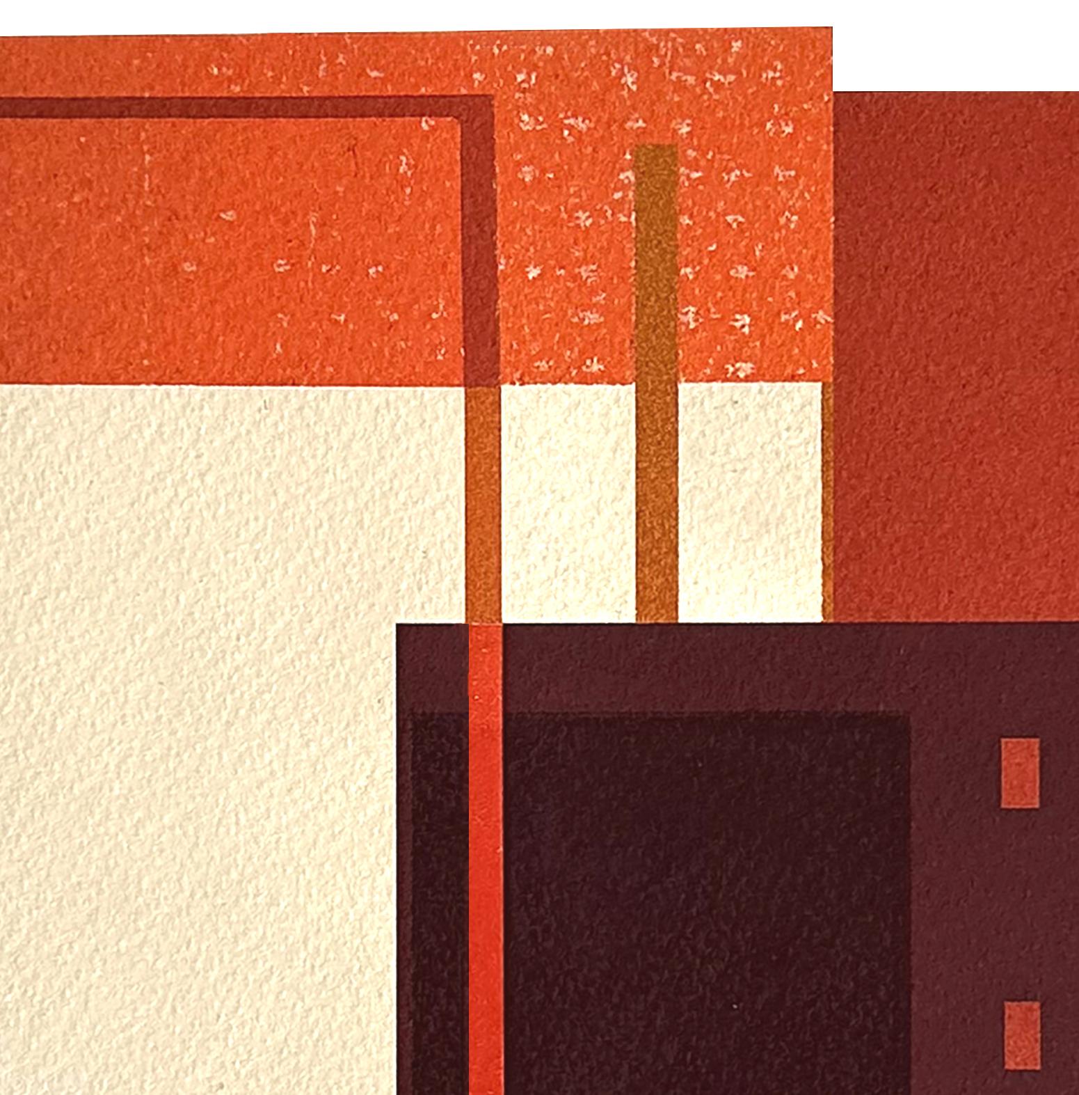 Building V: modernist city architecture collage on monoprint in red, unframed - Art by Agathe Bouton