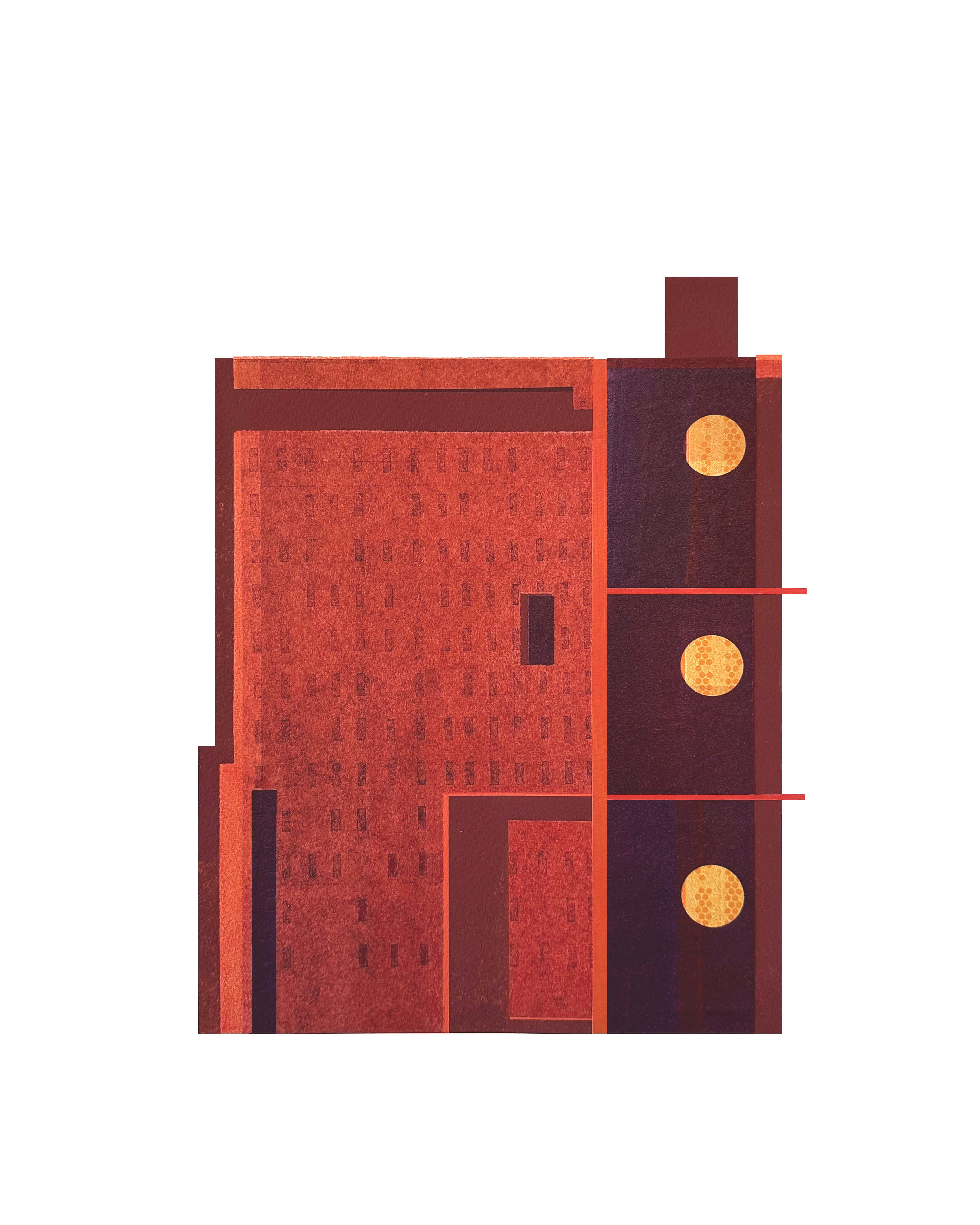 Building VI : collage d'architecture urbaine moderniste sur monogravure en rouge, non encadrée