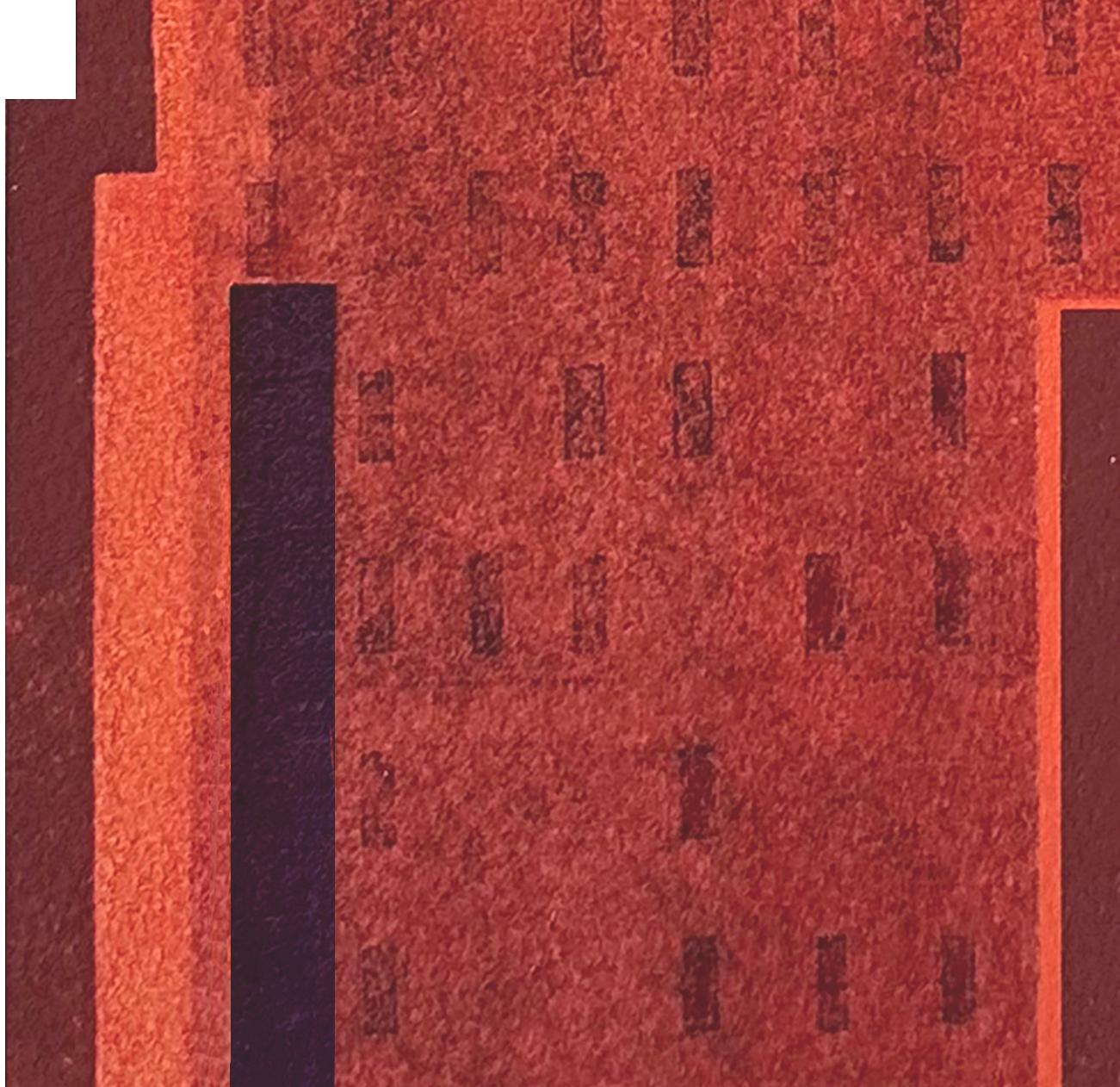 Building VI: modernist city architecture collage on monoprint in red, unframed - Abstract Print by Agathe Bouton