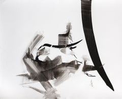 Dibujo/pintura abstracta en tinta de caligrafía persa sobre papel, en blanco y negro, enmarcada