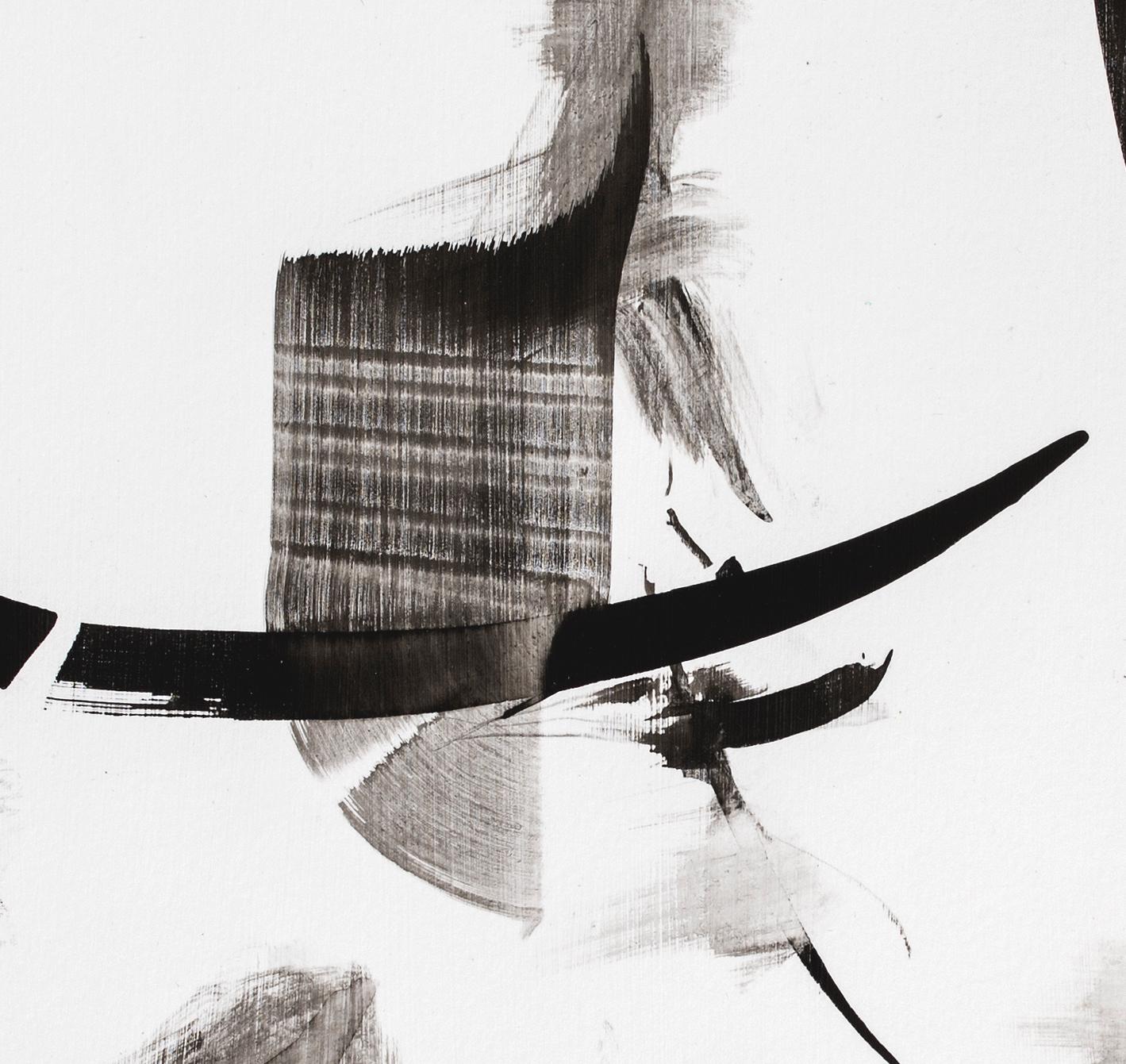 Framed abstract Persian calligraphy ink drawing/painting on paper, black & white - Gray Abstract Drawing by Nazanin Moghbeli