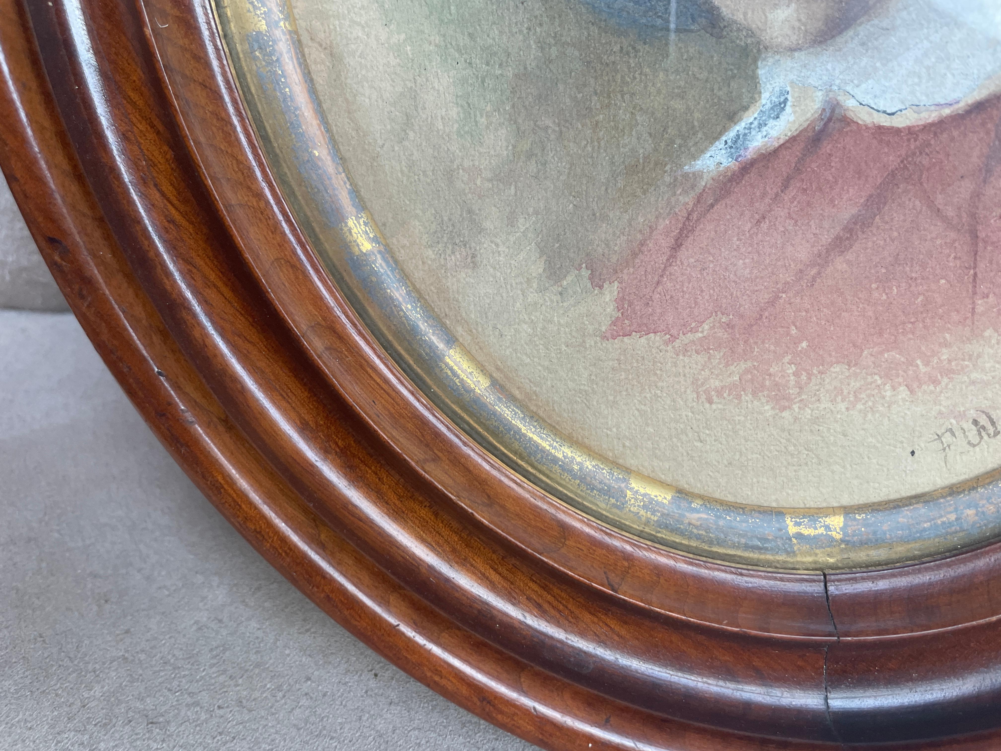 Watercolor Portrait of a Young Woman in a Blue Hat & Pink dress, antique frame For Sale 2