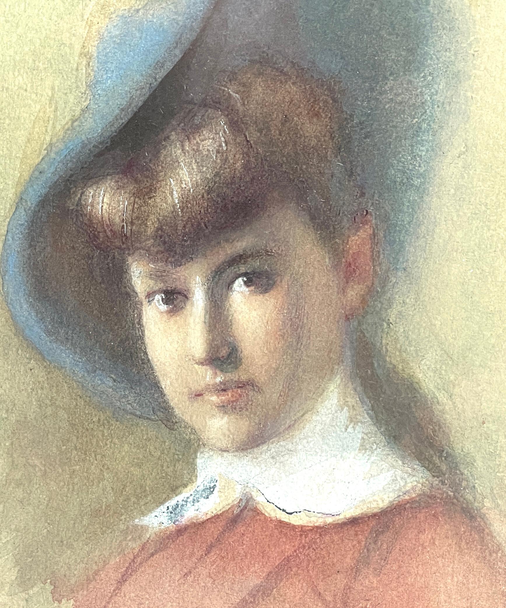 Watercolor Portrait of a Young Woman in a Blue Hat & Pink dress, antique frame - Realist Art by Freeman Willis Simmons