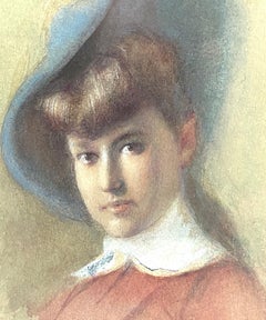 Watercolor Portrait of a Young Woman in a Blue Hat & Pink dress, antique frame