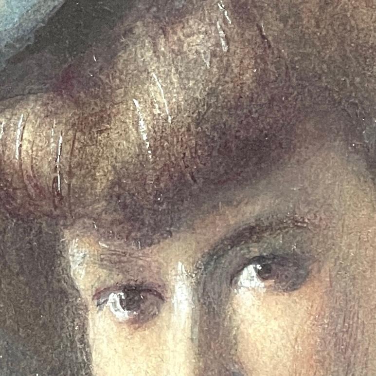 This watercolor painting with ink accents depicting a young fashionable woman with a confident direct glance is in excellent condition -- no stains, tears, etc to the painting; antique wood frame with 