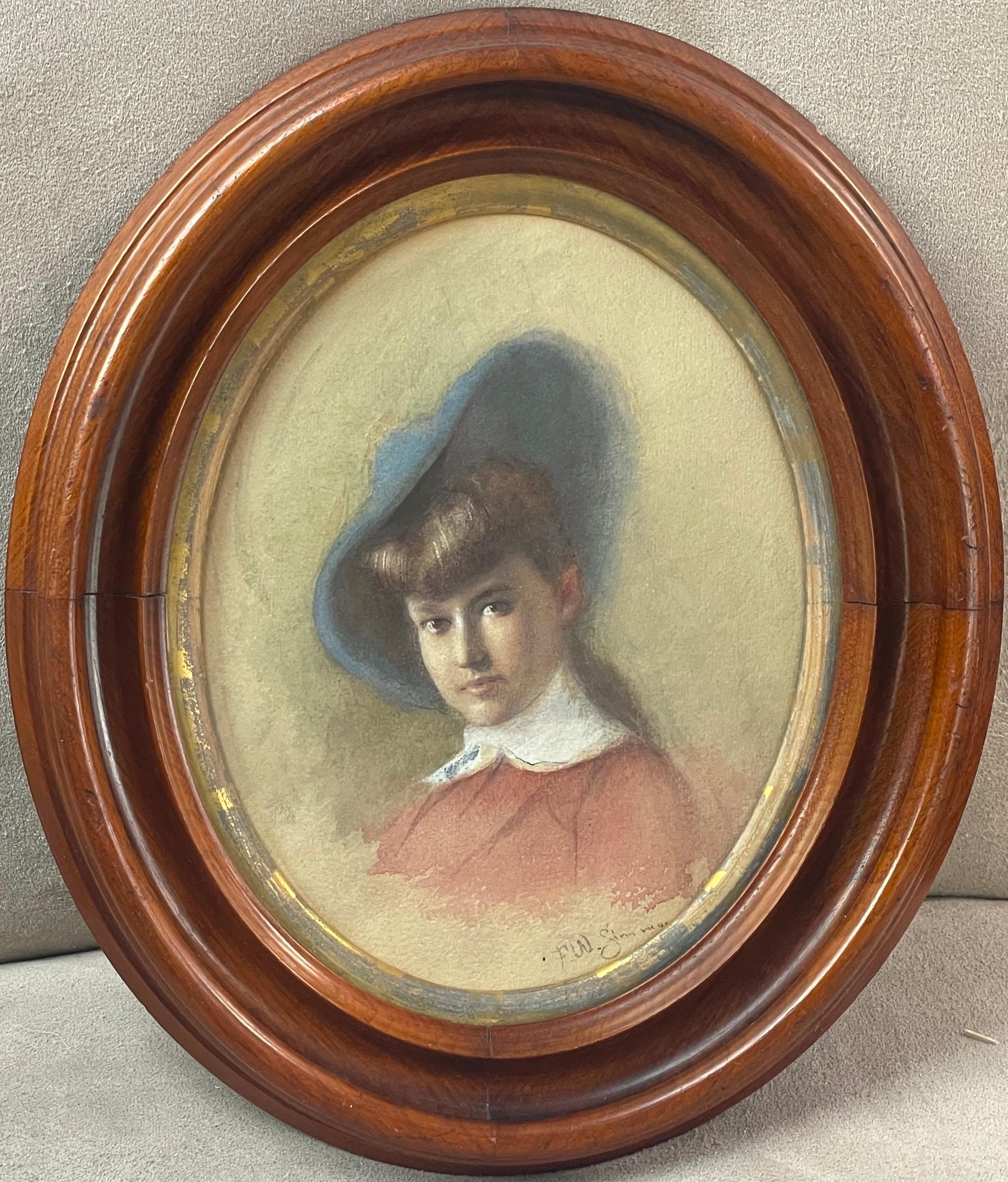 Aquarell-Aquarellporträt einer jungen Frau mit blauem Hut und rosafarbenem Kleid, antiker Rahmen
