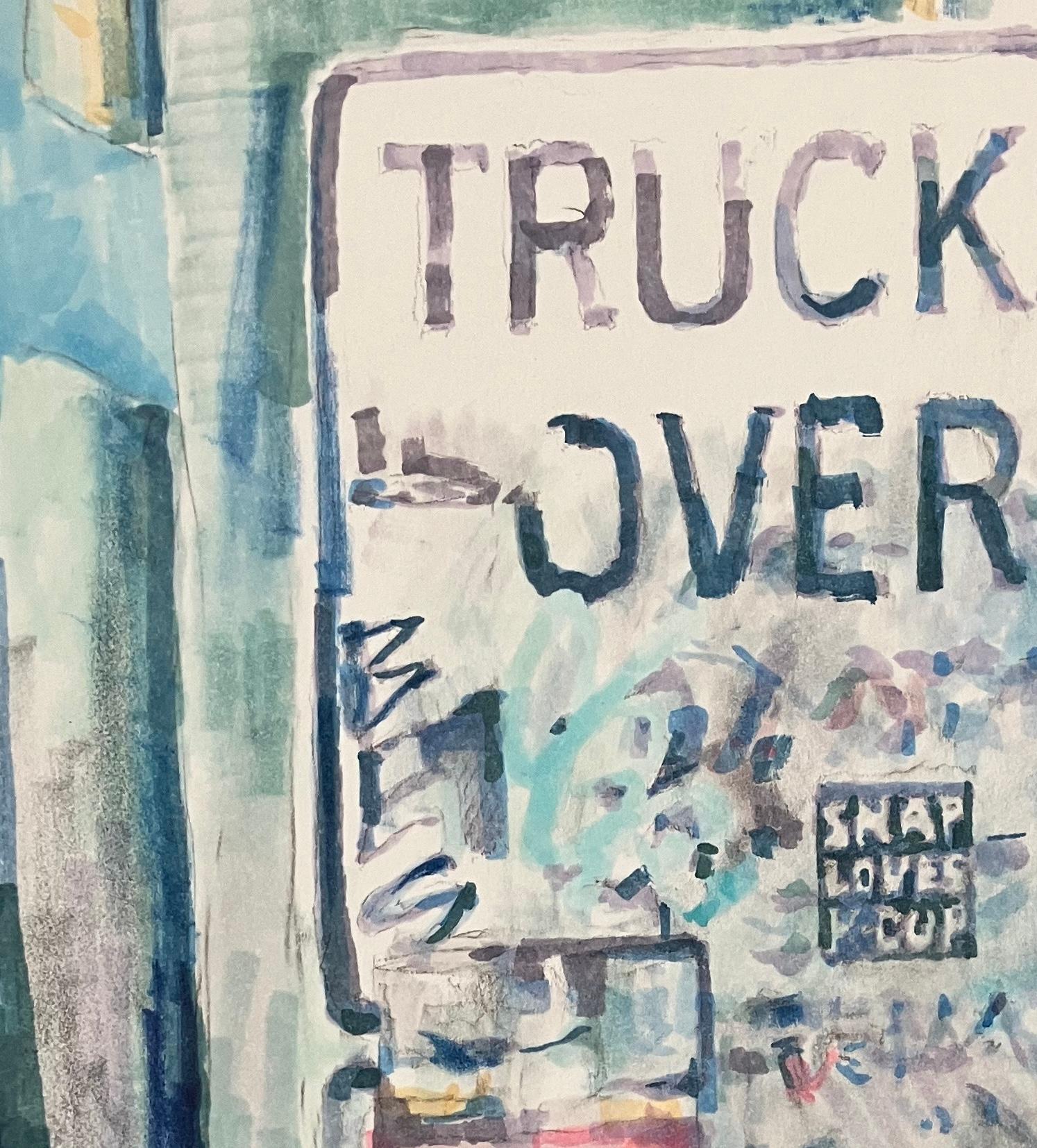 TRUCKS OVER : peinture abstraite, panneau de signalisation urbaine avec graffiti : jaune, bleu - Gris Abstract Painting par Mat Tomezsko