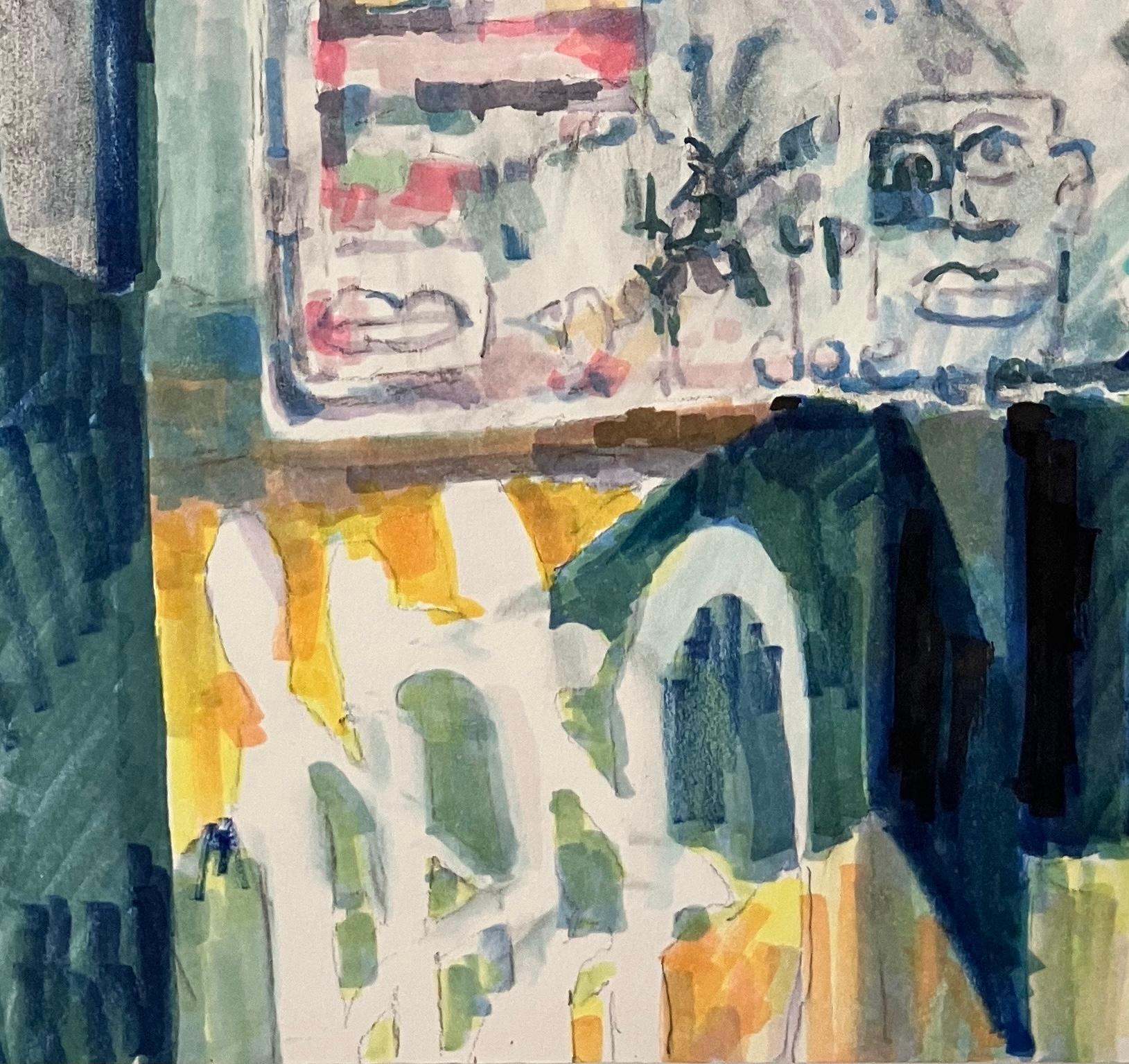 TRUCKS OVER : peinture abstraite, panneau de signalisation urbaine avec graffiti : jaune, bleu - Abstrait Painting par Mat Tomezsko