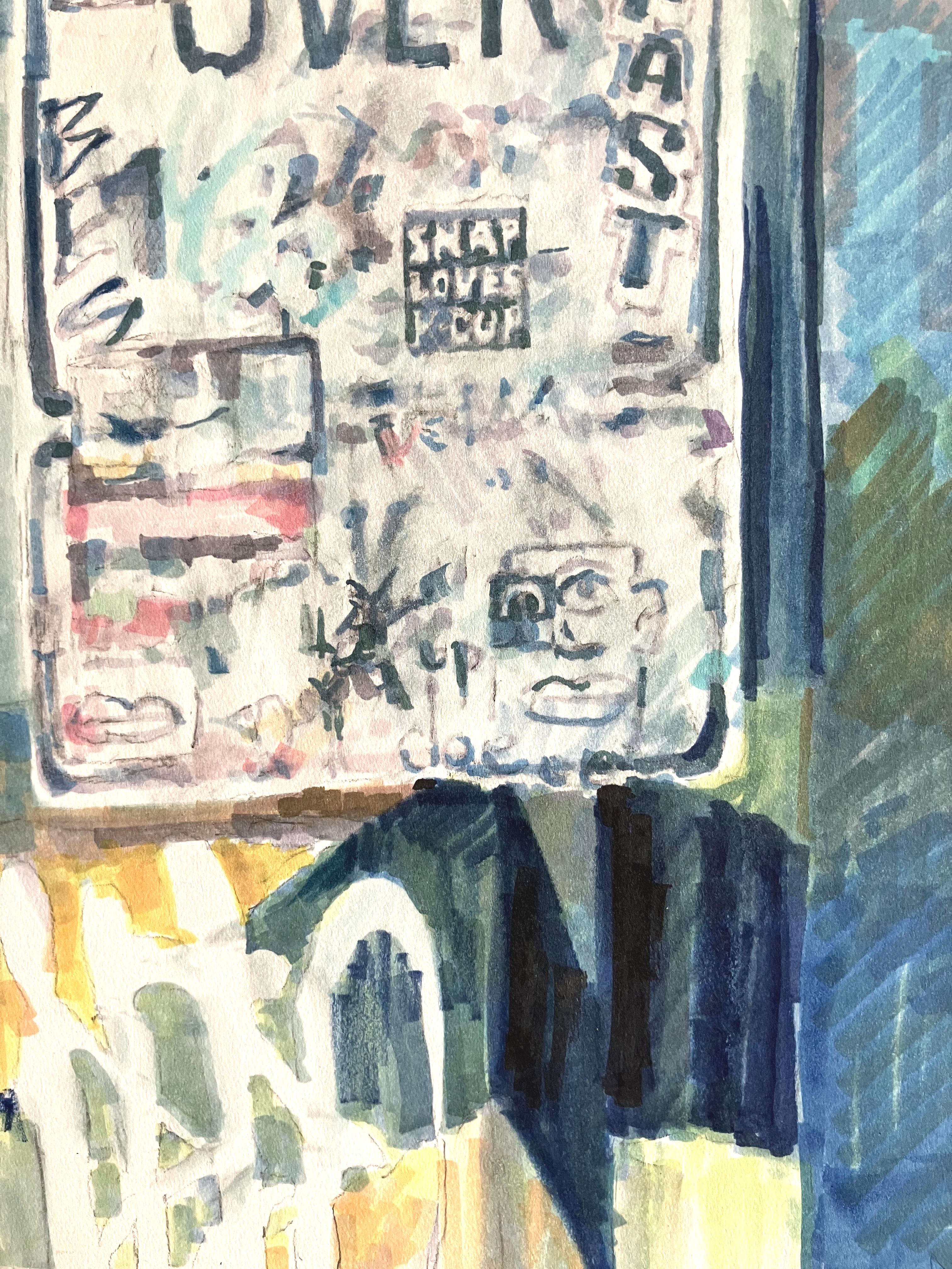 TRUCKS OVER : peinture abstraite, panneau de signalisation urbaine avec graffiti : jaune, bleu - Painting de Mat Tomezsko