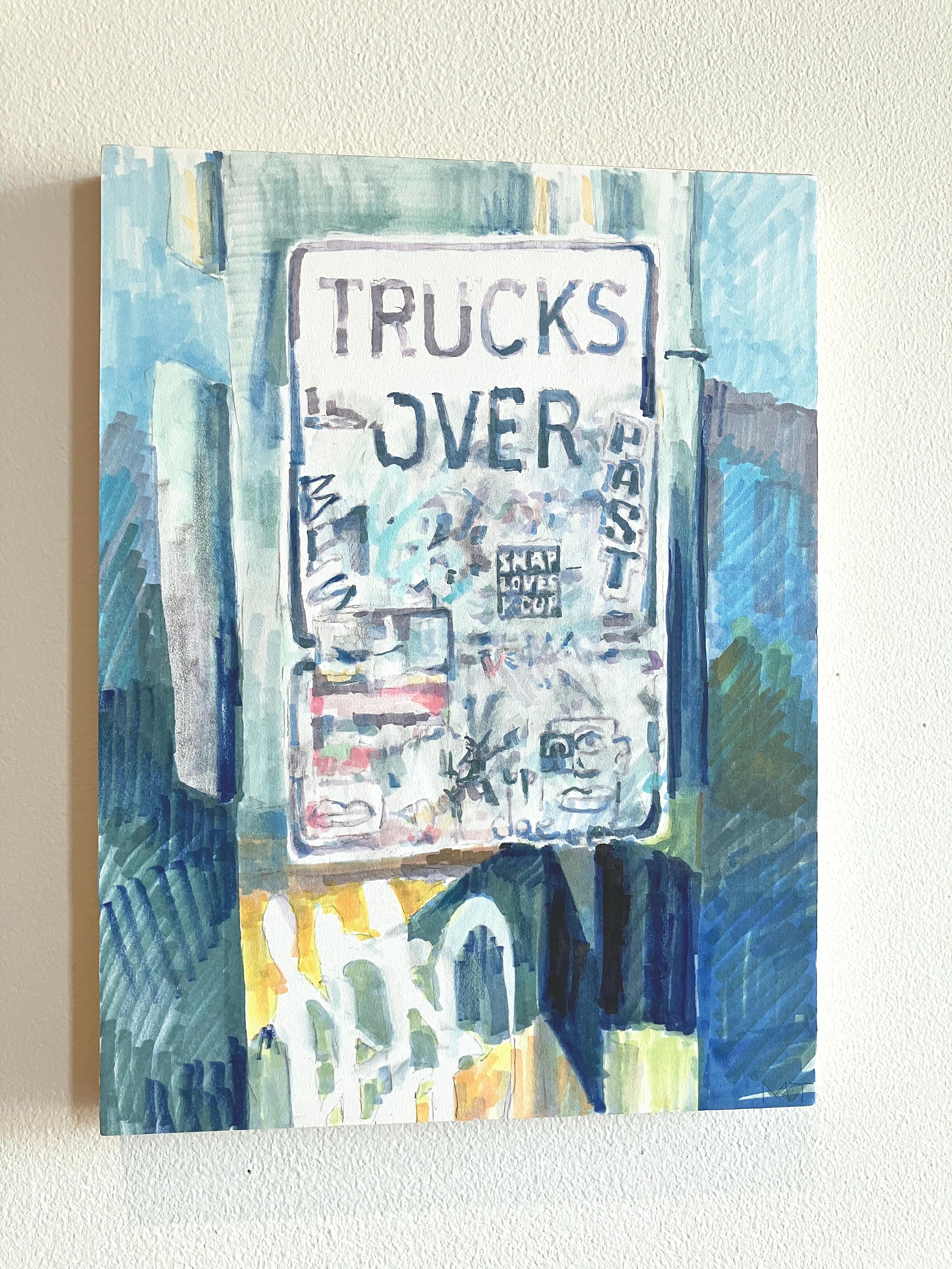 TRUCKS OVER : peinture abstraite, panneau de signalisation urbaine avec graffiti : jaune, bleu en vente 1