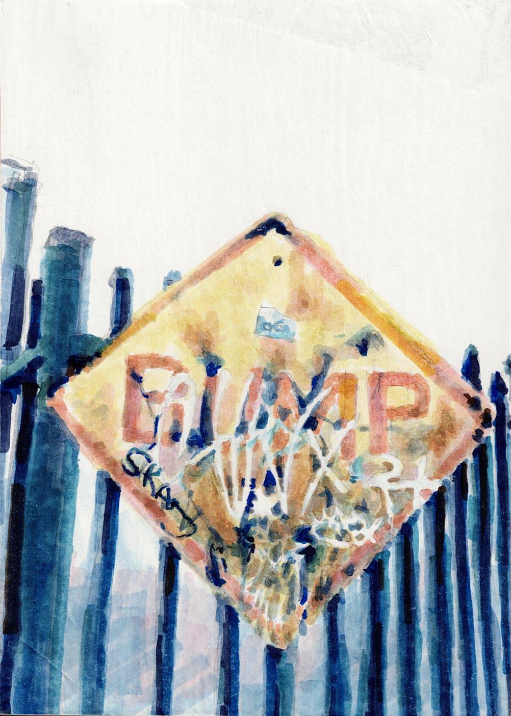 BUMP: abstract painting, urban city street sign w/ graffiti: yellow, blue