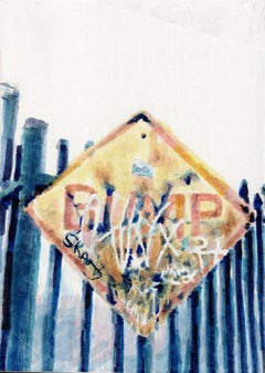 BUMP : peinture abstraite, panneau de signalisation urbaine avec graffiti : jaune, bleu