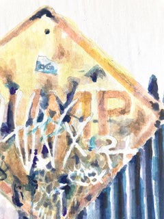 BUMP : peinture abstraite, panneau de signalisation urbaine avec graffiti : jaune, bleu