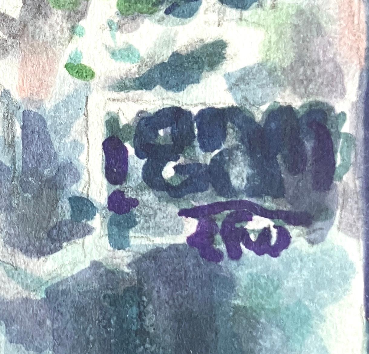 LEASE : peinture abstraite à l'encre d'une plaque de rue urbaine avec graffiti en vert bleu - Art de Mat Tomezsko