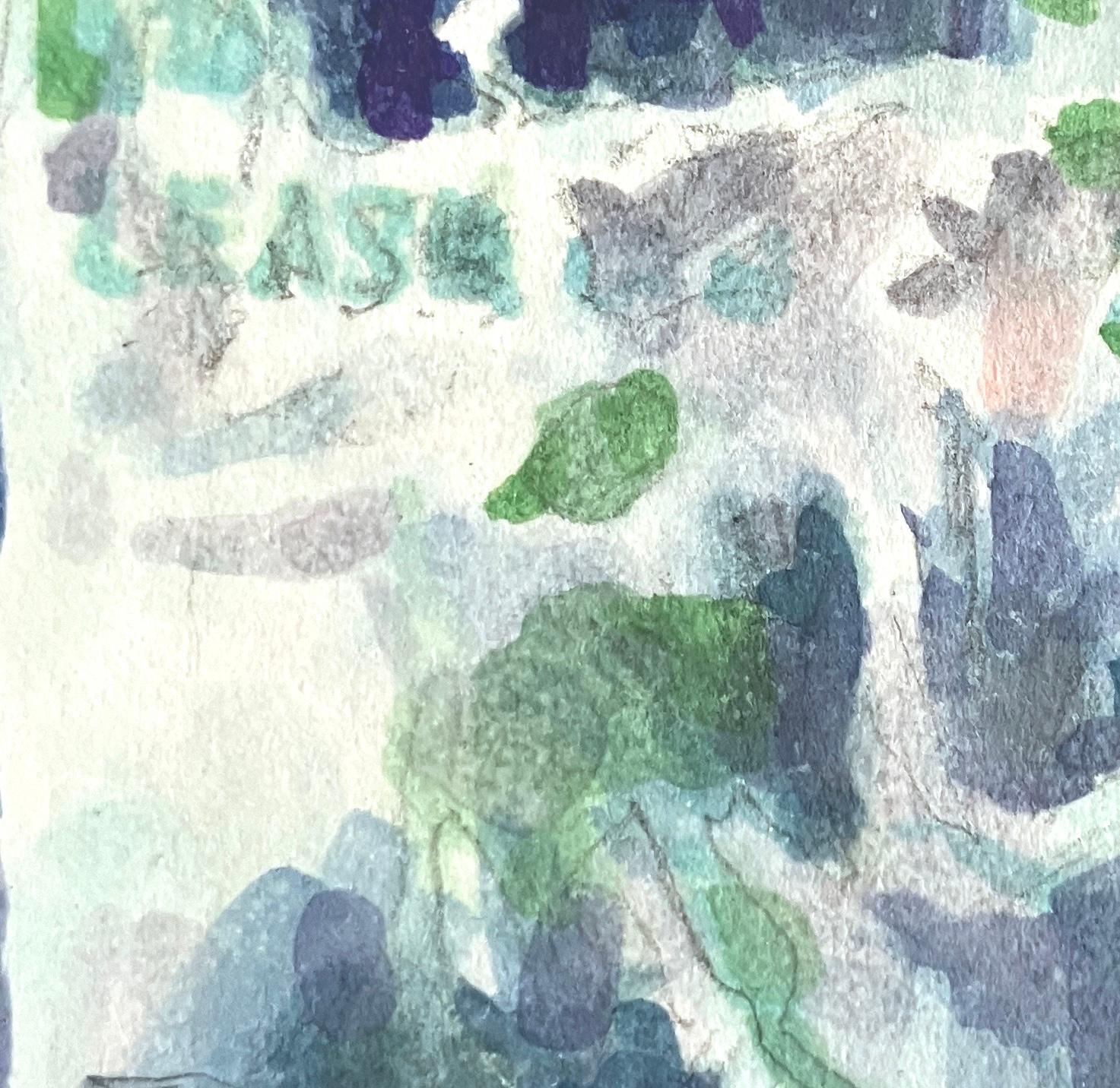 LEASE : peinture abstraite à l'encre d'une plaque de rue urbaine avec graffiti en vert bleu - Gris Abstract Drawing par Mat Tomezsko