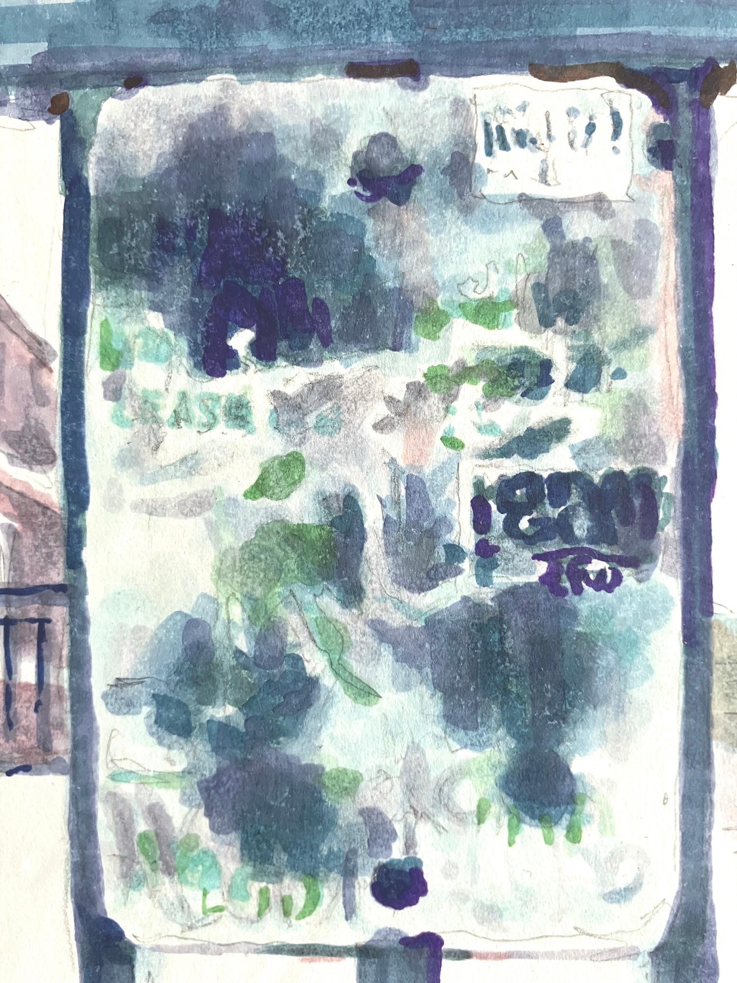 LEASE : peinture abstraite à l'encre d'une plaque de rue urbaine avec graffiti en vert bleu - Abstrait Art par Mat Tomezsko