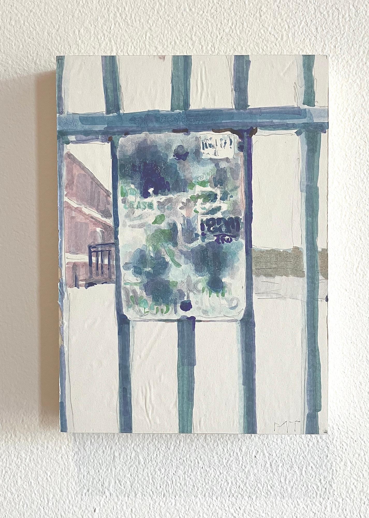 LEASE : peinture abstraite à l'encre d'une plaque de rue urbaine avec graffiti en vert bleu en vente 1