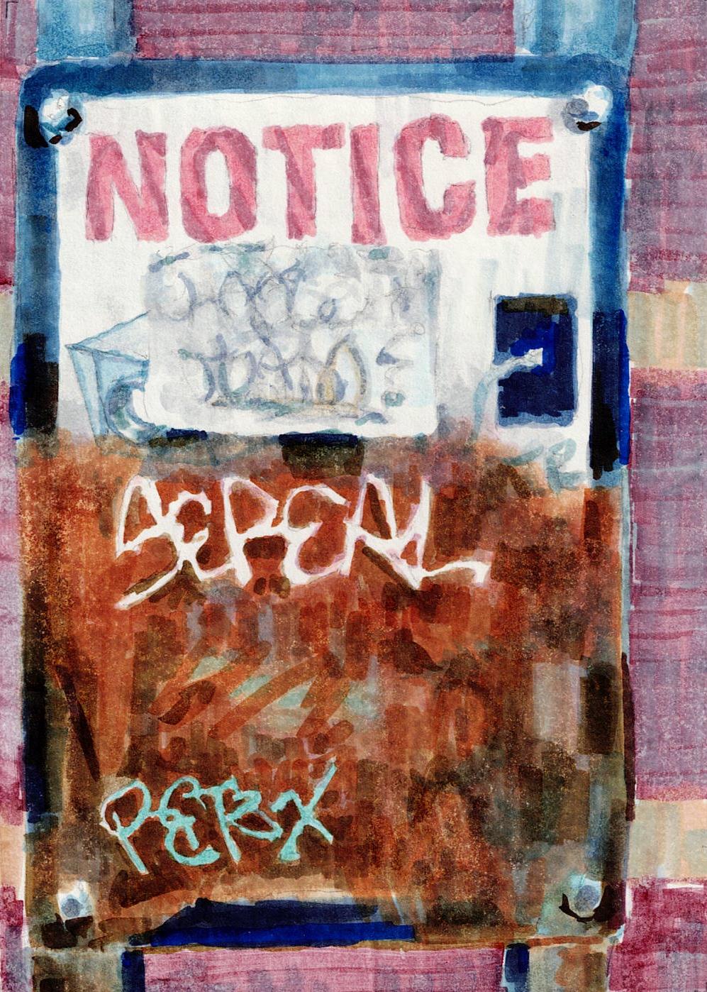NOTICE I: abstrakte Tuschemalerei eines städtischen Straßenschildes mit Graffiti, Rost, rot