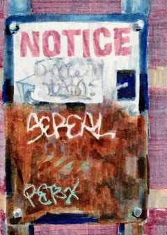 AVIS I : peinture abstraite à l'encre d'une plaque de rue urbaine avec graffiti, rouille, rouge