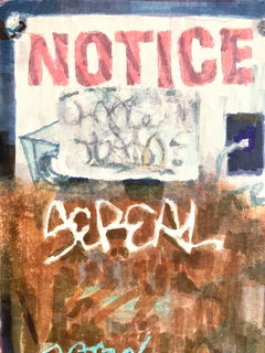 AVVISO I: pittura astratta a inchiostro di un cartello stradale urbano con graffiti, ruggine, rosso