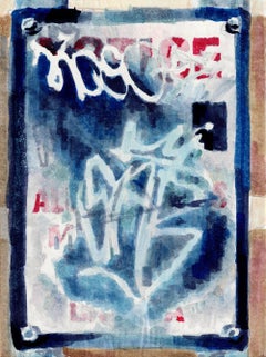 AVIS II : peinture abstraite à l'encre d'une plaque de rue urbaine avec graffiti, rouge bleu