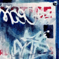 NOTICE II: abstract ink painting of urban city street sign w/ graffiti, red blue