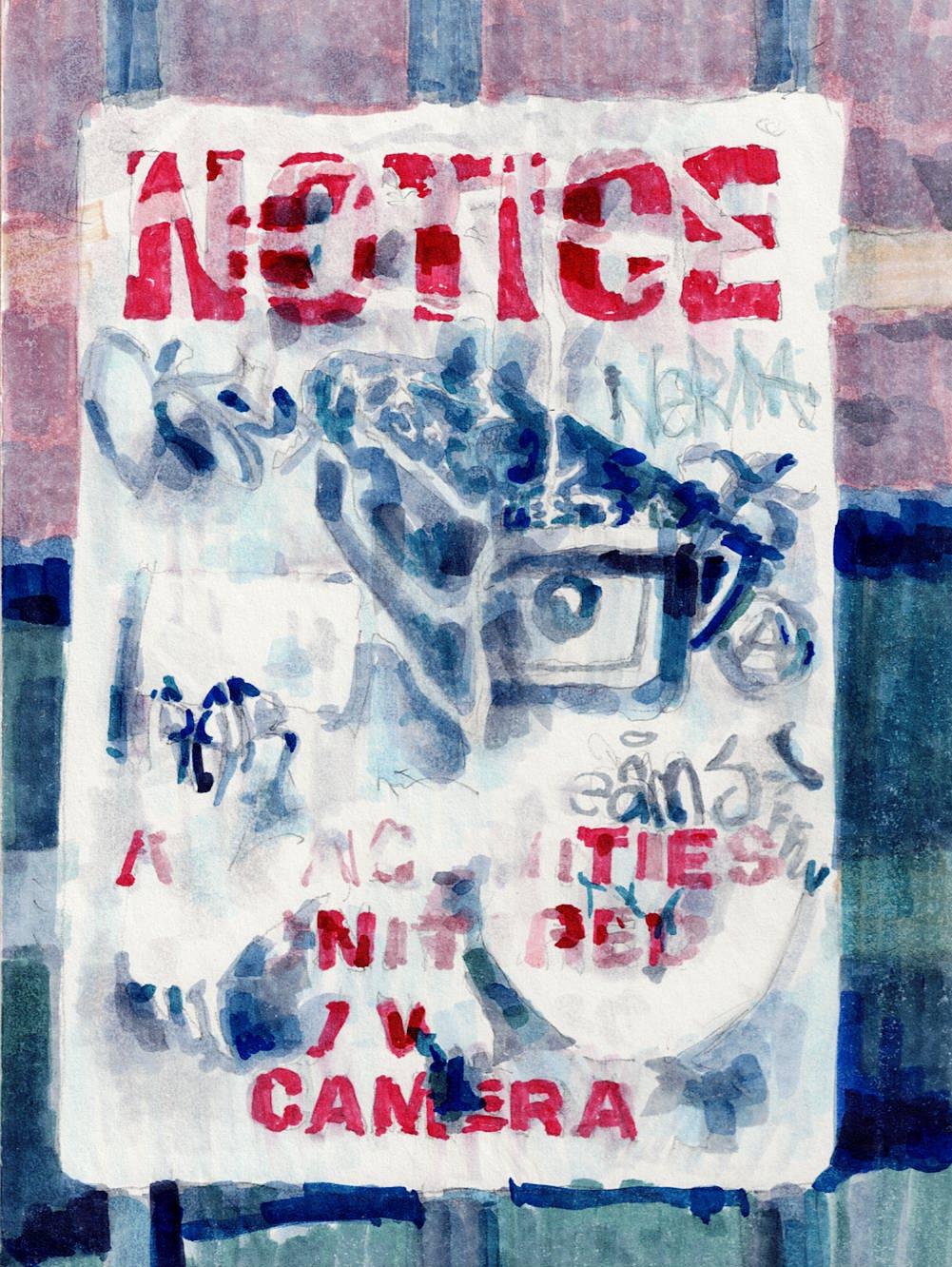 NOTICE III: abstract ink painting of urban city street sign w/ graffiti in blues