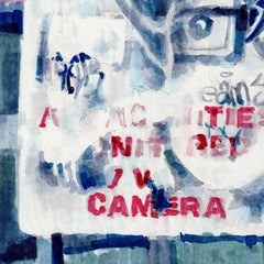 NOTICE III: abstract ink painting of urban city street sign w/ graffiti in blues