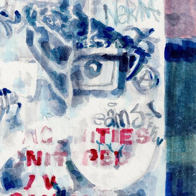 AVISO III: pintura abstracta a tinta de una señal urbana con graffiti en azul - Painting Abstracto de Mat Tomezsko