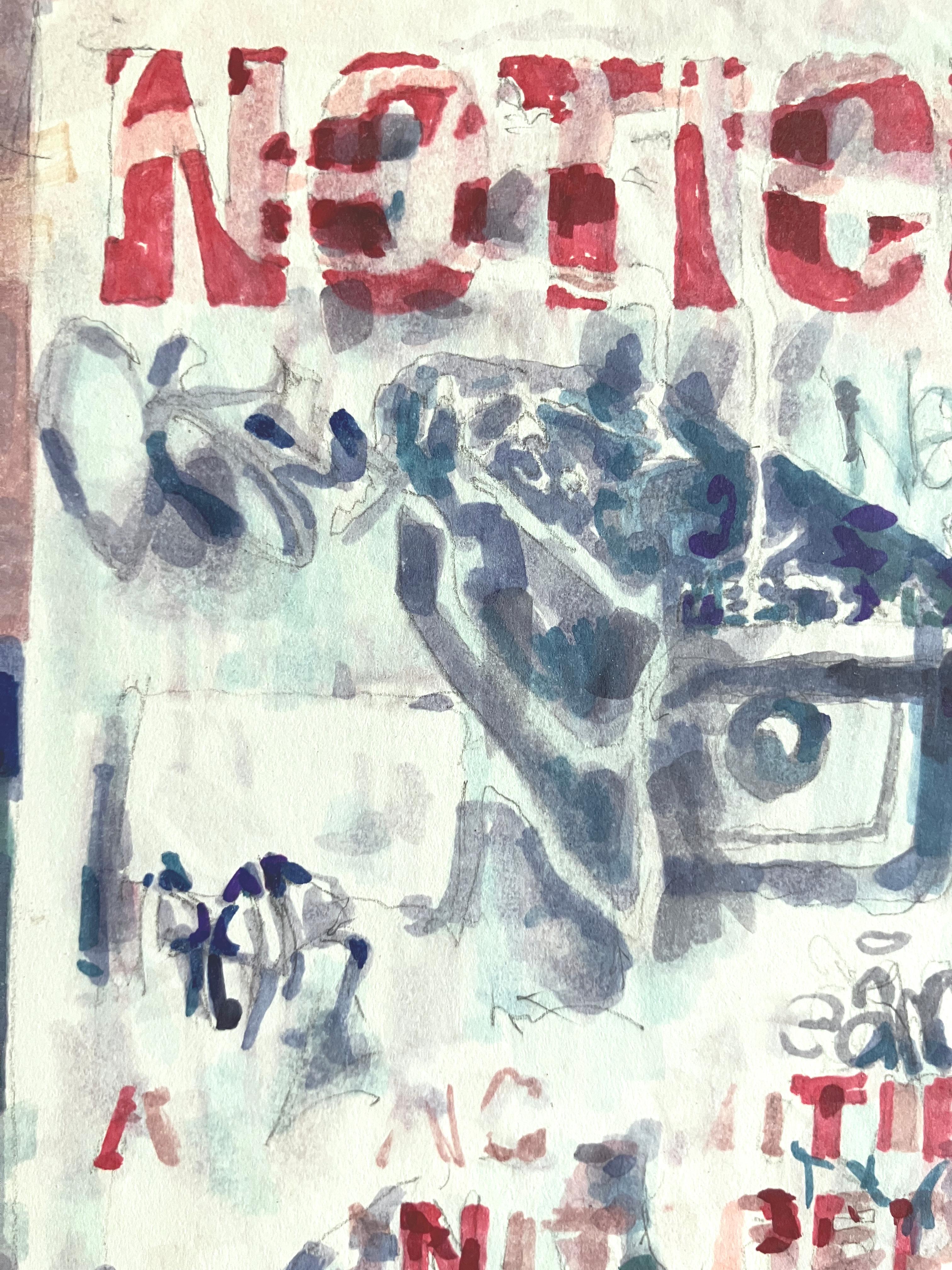 AVISO III: pintura abstracta a tinta de una señal urbana con graffiti en azul - Abstract Painting Gris de Mat Tomezsko